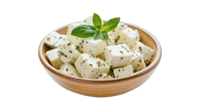 A bowl of white cheese with green leaves - Powered by Adobe