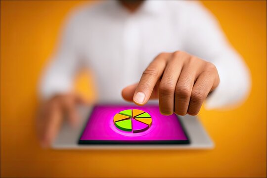 A man's hand is touching a pie chart displayed on a tablet screen, symbolizing business analysis and data visualization.
