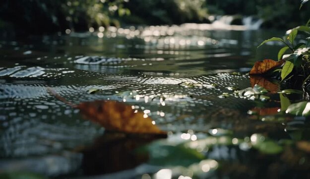 Tranquil forest stream with fallen leaves gently floating on the rippling water's surface in soft sunlight
