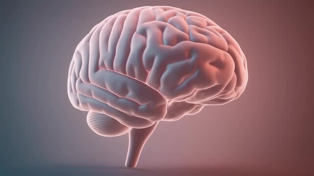 Anatomical 3D Rendering of the Human Brain Illuminated with a Subtle Red and Blue Glow Rotating Slowly Showing Cerebrum Cerebellum and Brain Stem for Medical Education and Scientific Concepts