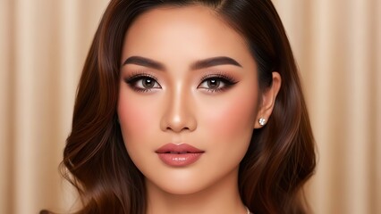 Fototapeta premium Stunning close-up studio portrait of a confident woman with flawless makeup, dark wavy hair, and a sophisticated pearl earring