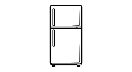 A simple black and white line drawing depiction of a modern refrigerator design silhouette