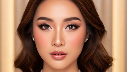 Stunning close-up studio portrait of a confident woman with flawless makeup, dark wavy hair, and a sophisticated pearl earring