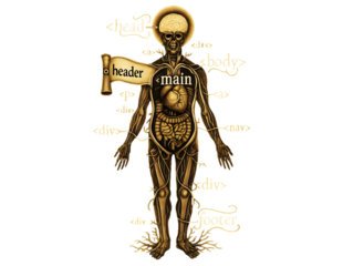 Vintage anatomy illustration of a human body mapped with HTML coding tags. Concept of web development structure and programming humor. 