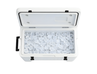 Open white cooler filled with ice cubes isolated on transparent background