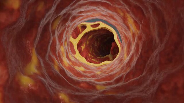 Close up animation of blood flow through a narrowed artery with red blood cells and yellow plaque buildup illustrating cardiovascular disease and atherosclerosis