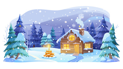 Winter landscape with snow covered cabin and christmas tree in a snowy forest scene illustration art