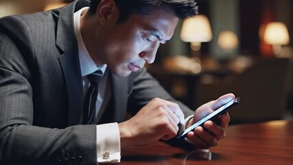 Businessman using mobile phone indoors with focused expression close up shot of hands interacting with technology - Powered by Adobe