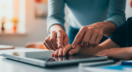 A caregiver guides a child using a digital tablet, fostering a sense of connection and the process of learning. The scene is illuminated, creating a warm, educational environment.