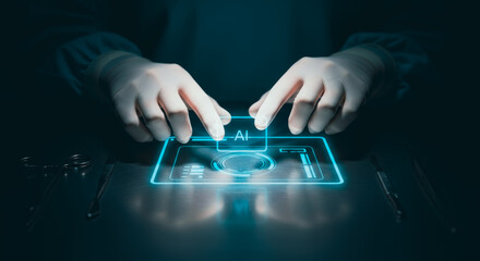 Hands interacting with a futuristic digital interface, AI and technology concept, showing the forefront of innovation.