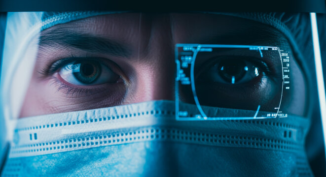A doctor wearing advanced technological eyeglasses, the gaze conveys an intense concentration, offering a glimpse into the future of healthcare.