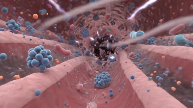 Healthy colon animation shows beneficial bacteria and intestinal flora