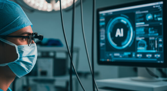 A medical professional, deeply focused, interacts with a cutting-edge computer interface in a surgical setting, reflecting the fusion of medicine and technological advancement.