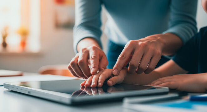 A caregiver guides a child using a digital tablet, fostering a sense of connection and the process of learning. The scene is illuminated, creating a warm, educational environment.