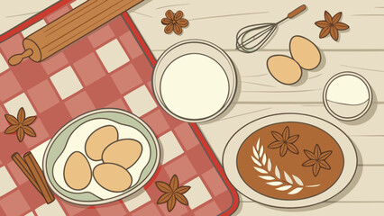 Baking ingredients flat lay illustration for culinary arts and recipe preparation concept design image stock photo