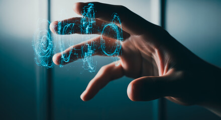 An artistic hand gesture surrounded by digital aura, blending technology and human expression, creates a captivating vision of future innovation.