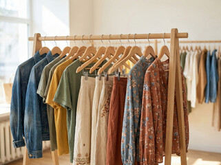 Variety of casual and bohemian clothing on a wooden rack