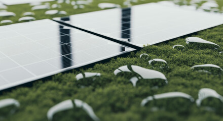 An eco-friendly renewable energy solution, photovoltaic panels sit atop a bed of lush, green grass, speckled with glistening raindrops.