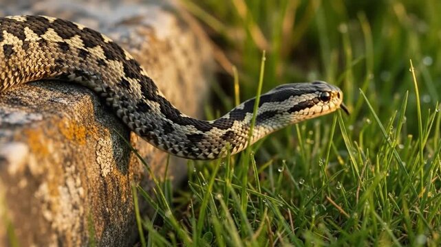 Adder snake slithering through woodland grass, sun-warmed rock