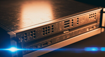 An intricate server, the backbone of a digital network, gleaming under studio lighting, its robust design hinting at its critical role in processing and storing vast amounts of data.