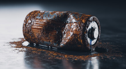 An aged, discarded battery exhibits signs of corrosion and leakage, visually representing the harmful impact of improper disposal and environmental contamination.