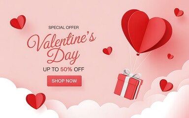 Valentine's Day Special Offer with Red Heart Balloon Gift and Pink Clouds love sale
