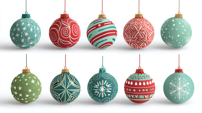 Christmas balls printed and pattern clipart set. Green and red xmas ball decoration elements clip art with spiral, curve, snowflakes and star graphic design collection for holiday season vector Stock 