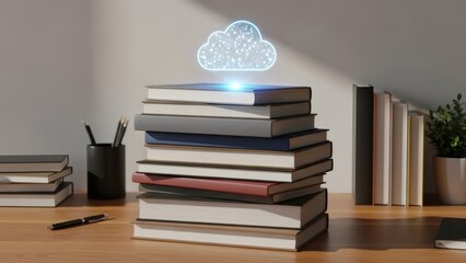 Stack Of Books With A Digital Cloud Computing Concept Learning