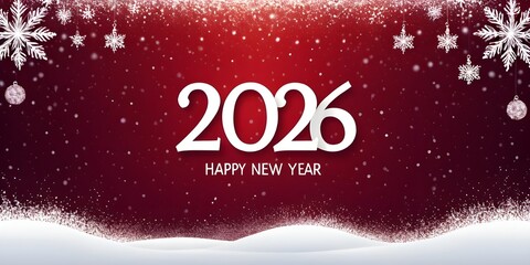 Vibrant horizontal red maroon evening starry backgrounds featuring shiny cartoon designs for Christmas and New Year celebrations, showcasing the number 2026 against a glittery.