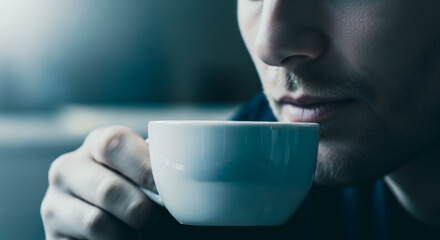 A man in the dark ambiance, delicately holds a ceramic cup, savoring the aroma and moment in a calming light, capturing a quiet morning ritual.