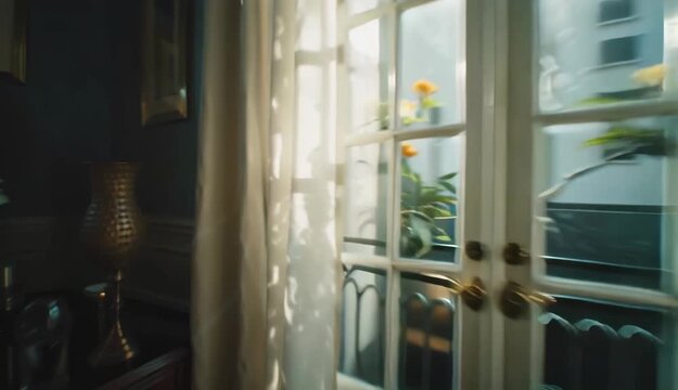 Sunlit Serenity Parisian Balcony View with Delicate Curtains