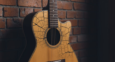 Fototapeta premium An acoustic guitar leans gracefully against a weathered brick wall, showcasing the rustic beauty of wood and the charm of a bygone era. 