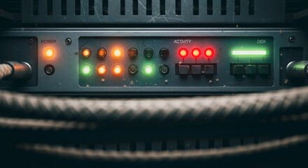 A close-up view of a high-tech server rack, with its illuminating lights and wires, set against a dark background, embodying the heart of data storage.