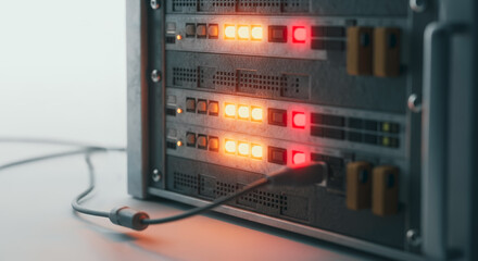 A server room, a technological hub, features a server in operation, its indicators glowing red and orange in a display of processing and data transmission.