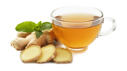 A cup of tea with a slice of ginger and a sprig of mint