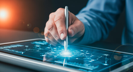 A high-tech digital tablet with intricate network graphics comes alive under the touch of a pen, symbolizing the essence of technology and innovation in a digital world. 