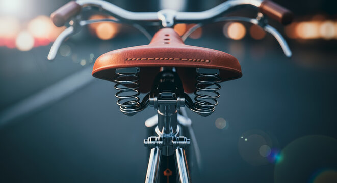 A close-up shot of a vintage bicycle saddle showcases its elegant design and details, evoking a sense of classic charm and leisurely rides.
