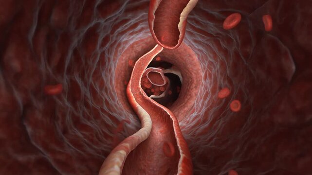 Journey inside a blood vessel with red blood cells flowing through the bloodstream a microscopic view of circulatory system health and human anatomy