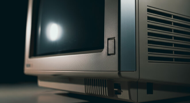 A vintage computer monitor sits on a reflective surface, its screen dark and inviting, showcasing the evolution of technology.