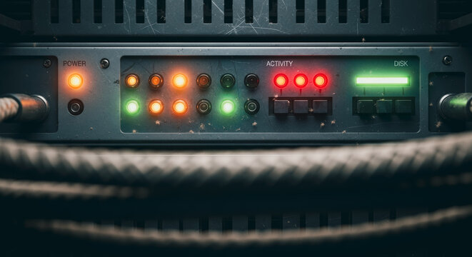 A close-up view of a high-tech server rack, with its illuminating lights and wires, set against a dark background, embodying the heart of data storage.