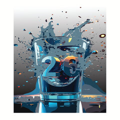 
Dynamic Abstract Water Splash Art with 3D Number 26 in Glass