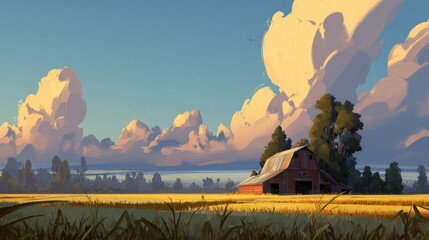 Red barn in a golden wheat field with fluffy clouds