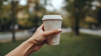 Hand holding a reusable eco-friendly coffee cup outdoors in a colorful garden park setting, promoting sustainability, slow living, and mindful daily habits