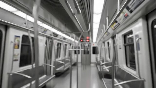 Modern subway loneliness, polished handrails in an empty urban train car