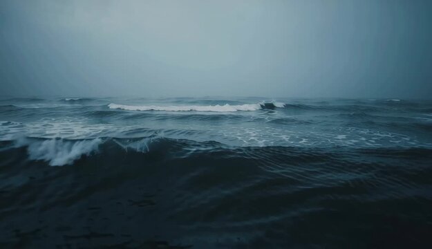 A vast and formidable ocean expanse captured in the raw power of crashing waves and a brooding, stormy sky, evoking a sense of nature's untamed might and mysterious depths