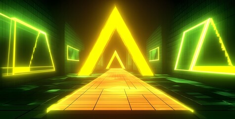Abstract futuristic neon tunnel with glowing yellow and green geometric shapes creating a sense of depth and movement towards a bright light