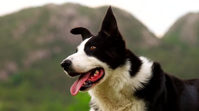 Border Collie, fast breathing, tongue out, cute funny. Sheep herding, mountains, rural Norway.