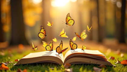 Magical Open Book with Monarch Butterflies in Autumn Forest