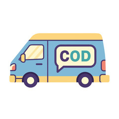 Cartoon delivery van with COD cash on delivery symbol.