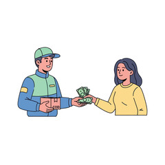 Delivery person hands package to customer with payment transaction.